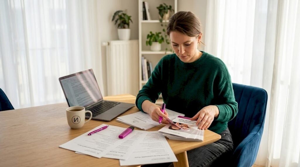 Eine Frau sitzt am Tisch und blättert interessiert durch Informationsbroschüren zu verschiedenen Kosmetikkursen.