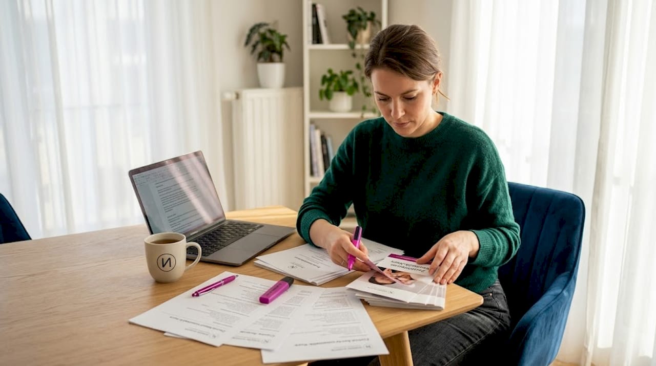 Eine Frau sitzt am Tisch und blättert interessiert durch Informationsbroschüren zu verschiedenen Kosmetikkursen.
