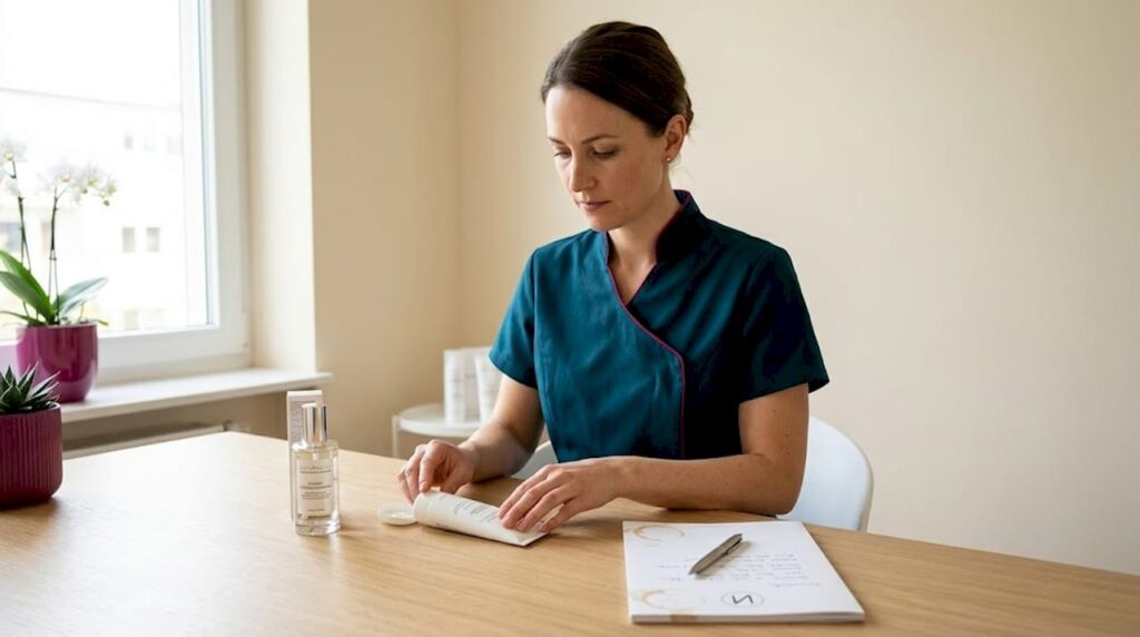 Eine Kosmetikerin begutachtet verschiedene Produkte am Beratungstisch.