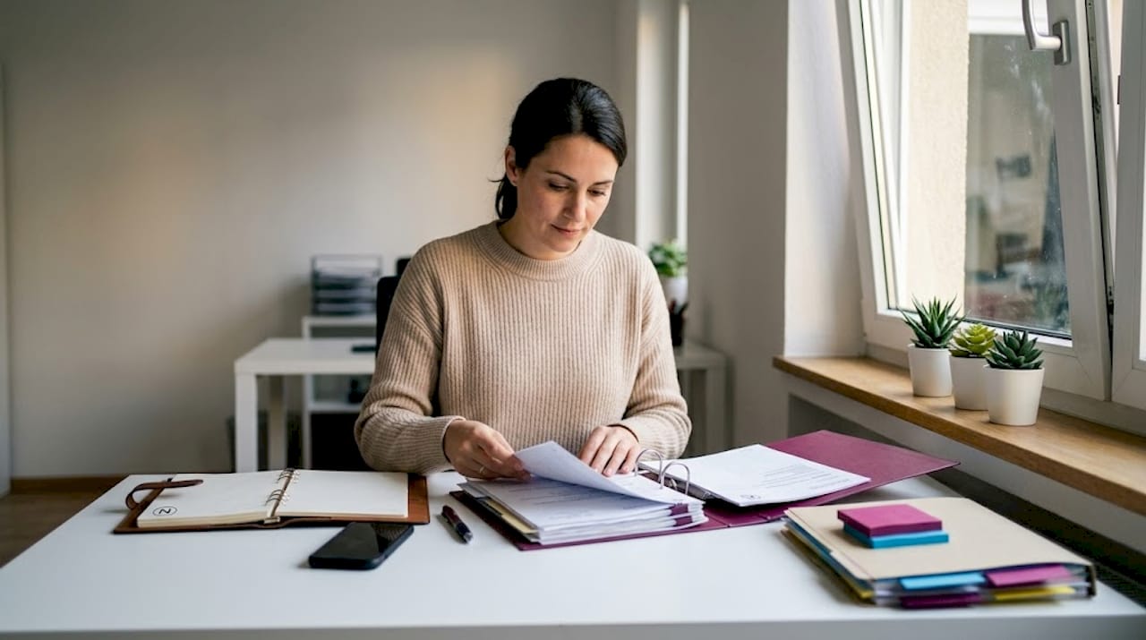 Eine Kosmetikerin sitzt am Schreibtisch und überprüft ihre Unterlagen zur Gewerbeanmeldung.