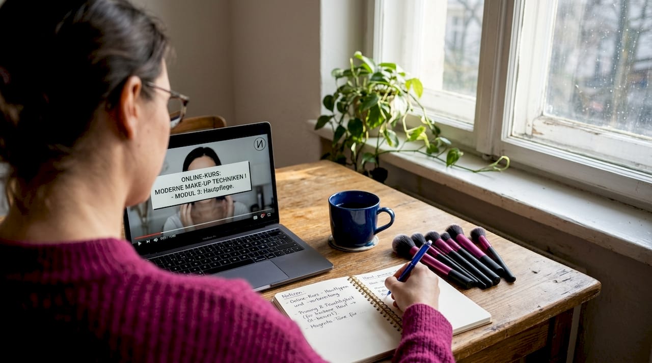 Eine Frau bildet sich am Laptop weiter und hat dabei ihre Schminkutensilien griffbereit.