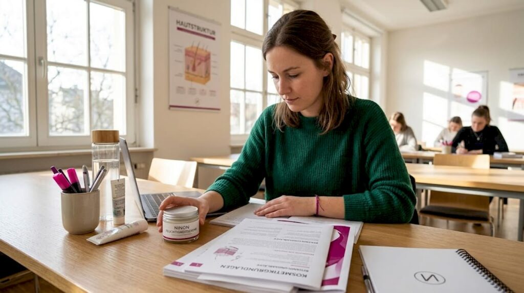 Eine Frau absolviert am Arbeitsplatz eine Ausbildung zur Kosmetikerin.