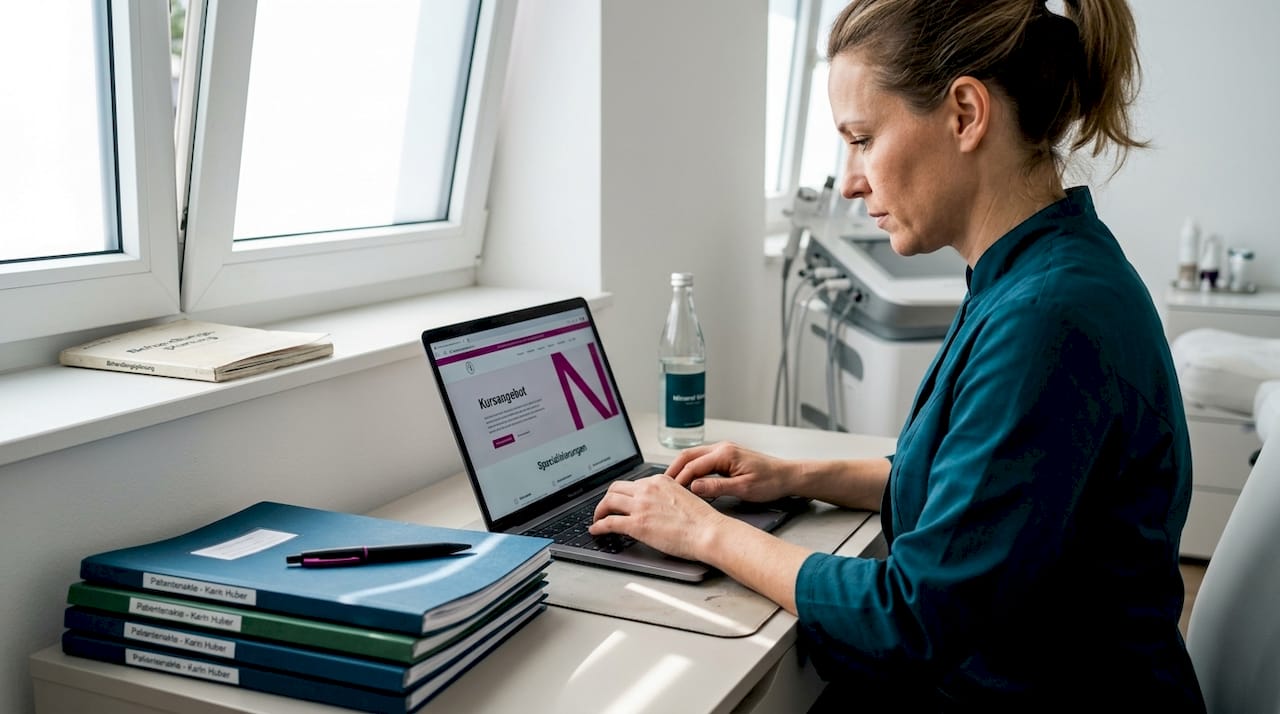 Eine Kosmetikerin pflegt ihre NiSV-Dokumentation direkt am Laptop.