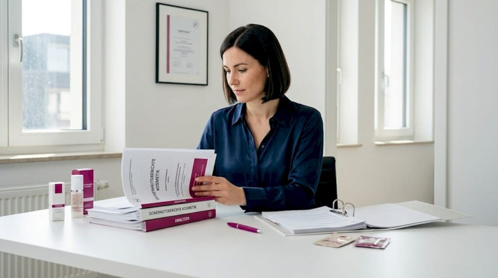 Eine Mitarbeiterin begutachtet Kosmetiktests an ihrem Arbeitsplatz.