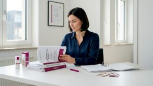 Eine Mitarbeiterin begutachtet Kosmetiktests an ihrem Arbeitsplatz.