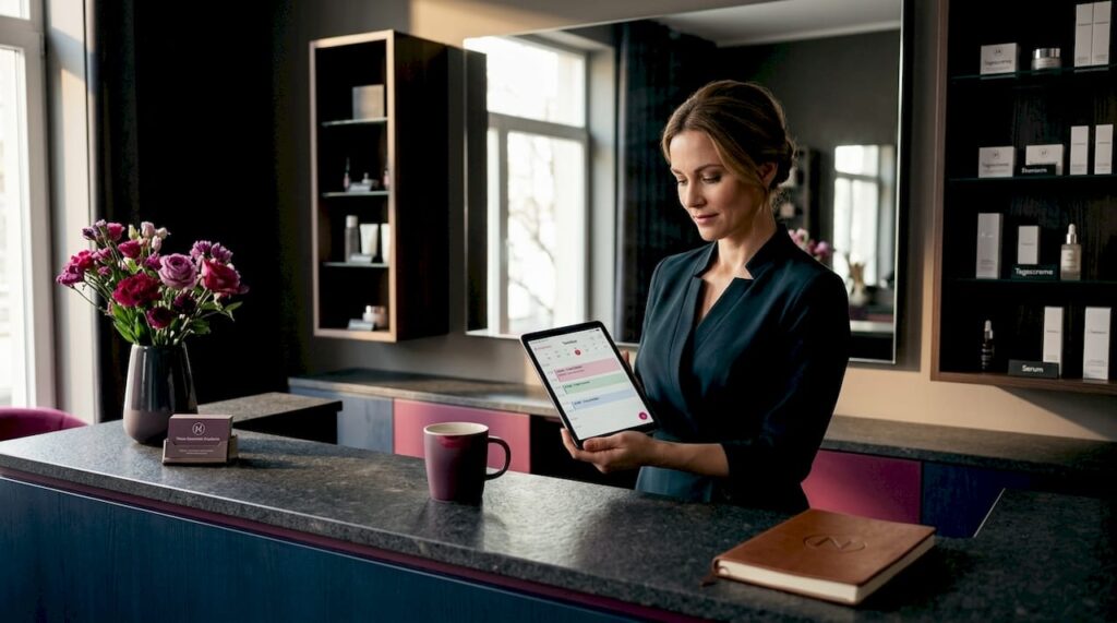 Am Empfangsschalter überprüft die Kosmetikerin etwas auf dem Tablet.