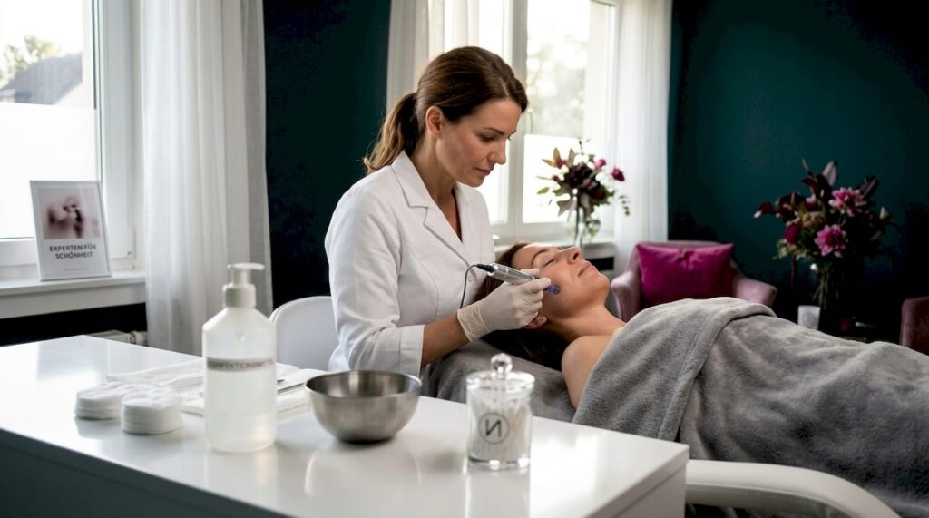 Eine Kosmetikerin führt im Studio eine Microneedling-Behandlung durch.