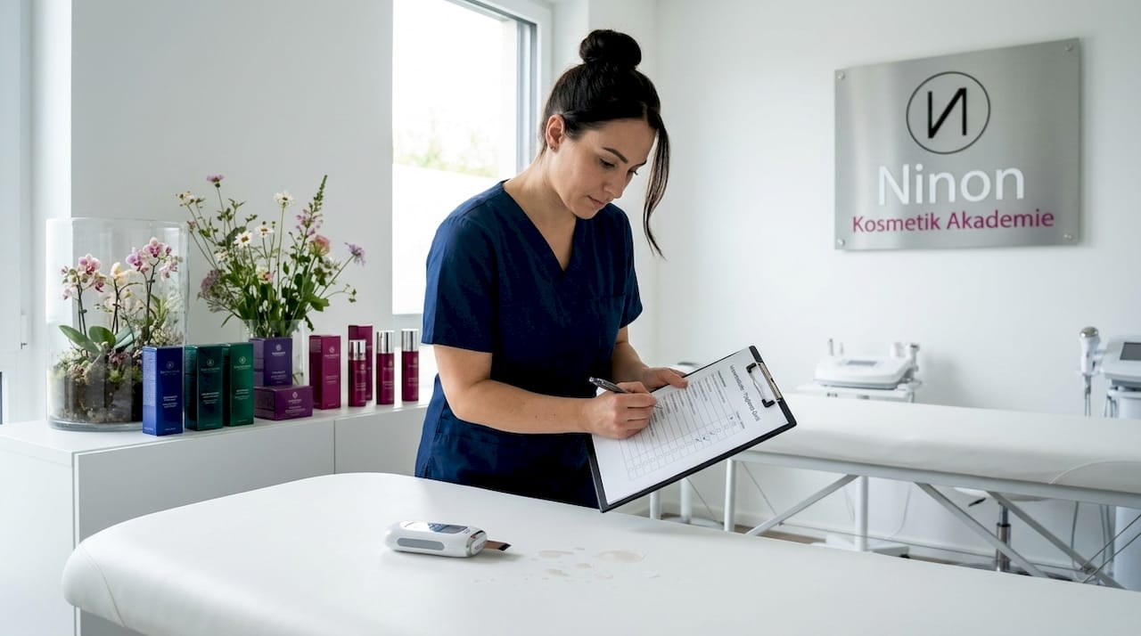Im Behandlungszimmer überprüft die Kosmetikerin das Geräteprotokoll.