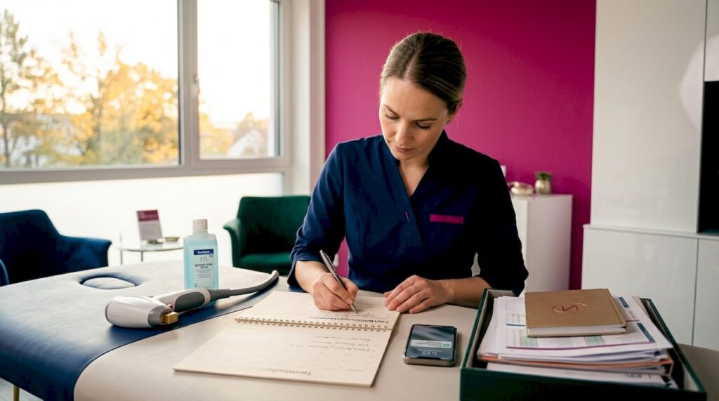 Eine Kosmetikerin möchte sich beruflich weiterentwickeln und plant daher eine Fortbildung direkt am Arbeitsplatz.