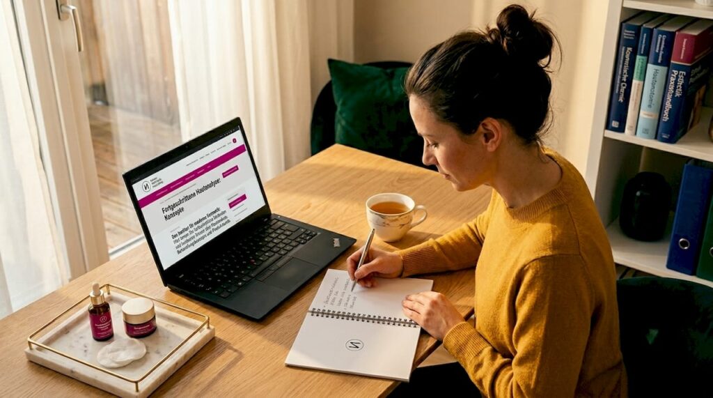 Kosmetikerin bildet sich online im eigenen Arbeitszimmer weiter