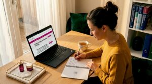 Kosmetikerin bildet sich online im eigenen Arbeitszimmer weiter