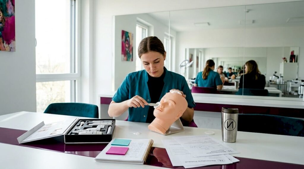 Eine junge Frau übt Schminktechniken an einem Trainingskopf.