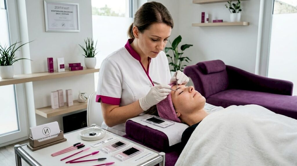 Eine Kosmetikerin bringt im Studio professionell Wimpernverlängerungen an.