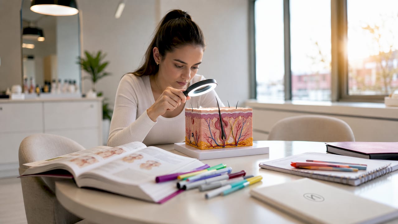 Eine Studentin beschäftigt sich im Unterricht mit einem Hautmodell und lernt dabei die Anatomie der Haut kennen.