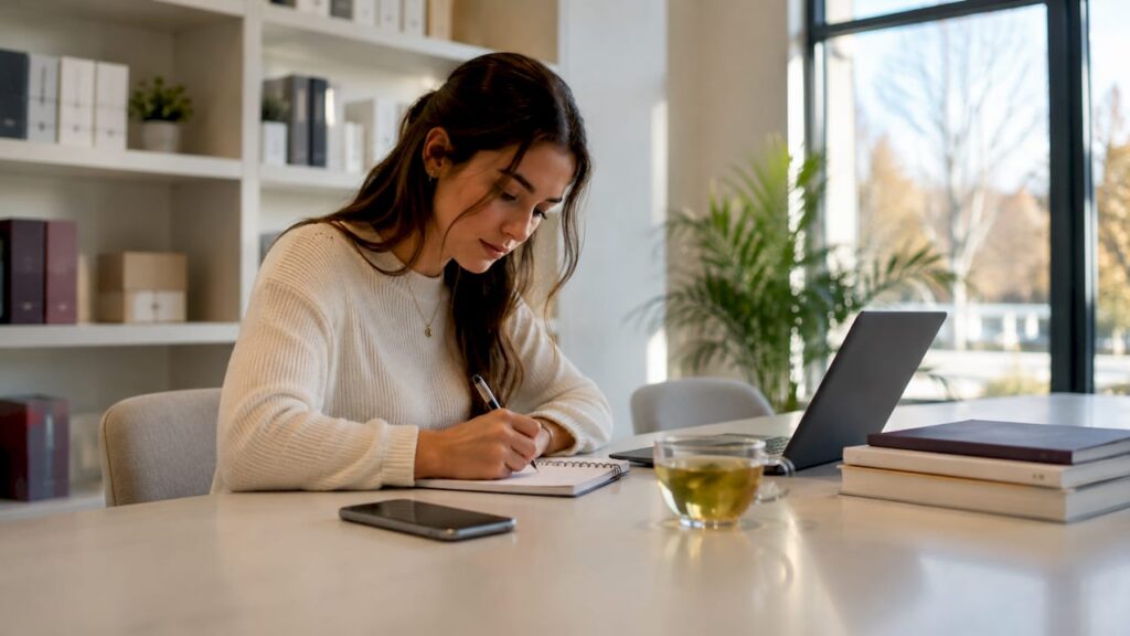 Eine Frau sitzt am Tisch und schmiedet Pläne für ihre nächste Weiterbildung im Beauty-Bereich.