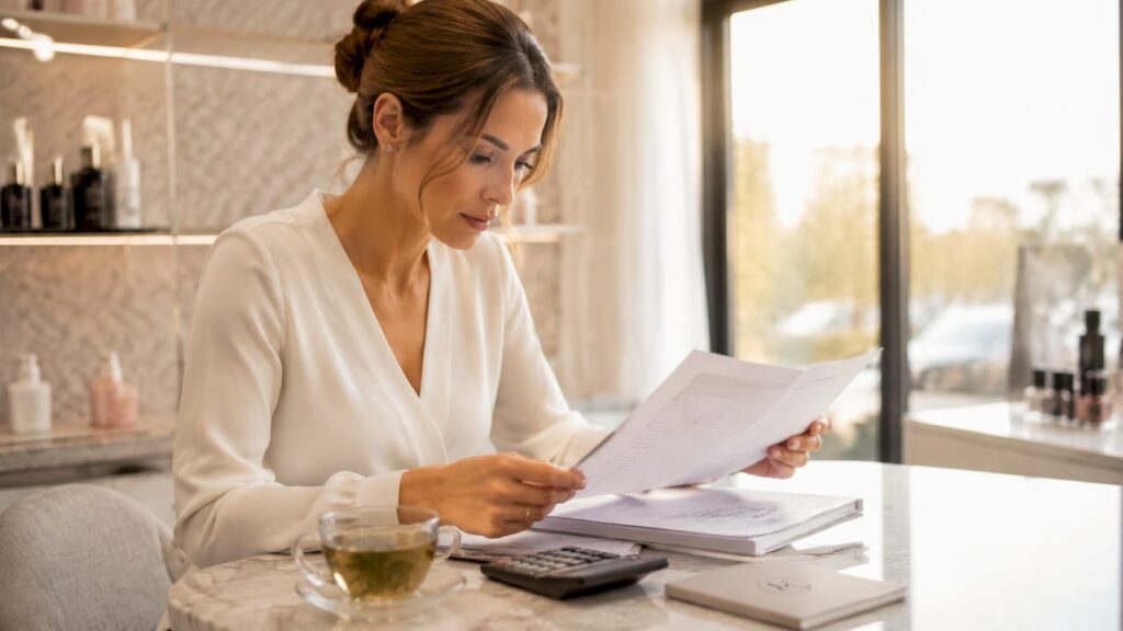 Im Büro ihres Salons nimmt sich die Kosmetikerin Zeit, um die aktuellen Finanzunterlagen sorgfältig durchzugehen.