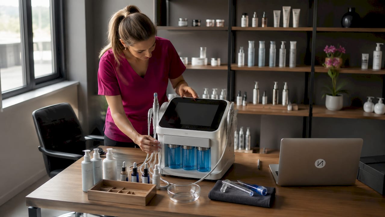Must-have Beauty-Behandlungsgeräte 2026 1 Die Kosmetikerin bereitet das HydraFacial-Gerät für die Behandlung vor.