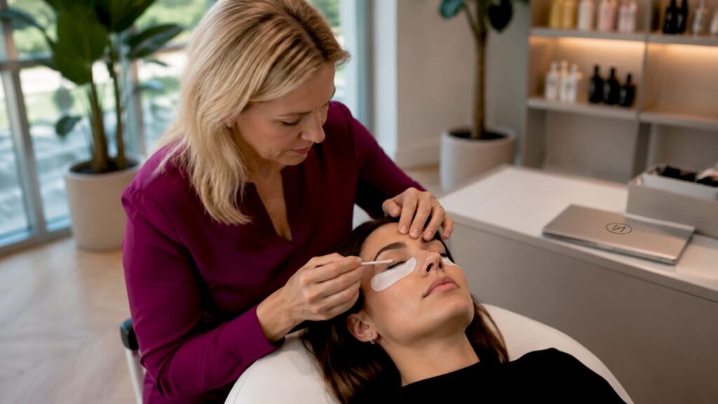 Professionelle Wimpernlaminierung durch erfahrene Kosmetikerin im Schönheitssalon