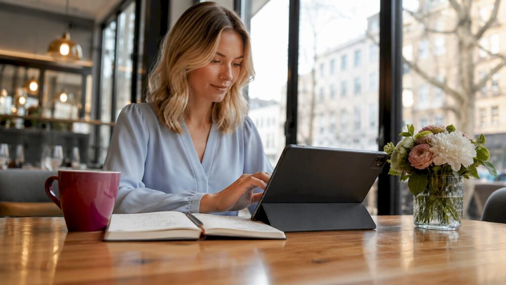 Eine Auszubildende klickt sich durch ein digitales Trainingsprogramm rund um Beauty-Themen.