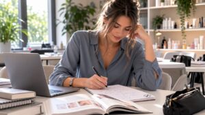 Eine junge Frau macht sich im Unterricht Notizen zu Themen aus ihrer Kosmetikausbildung.