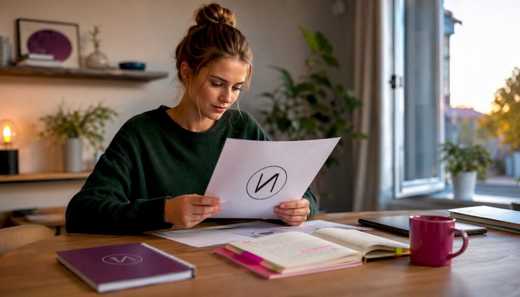 Eine Frau sitzt am Schreibtisch und plant ihren Einstieg in die Beauty-Branche.