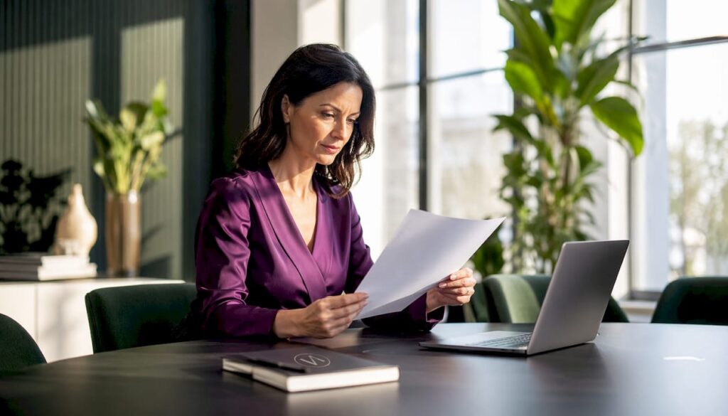 Zu Hause wirft eine Frau einen prüfenden Blick auf ihr Schulungszertifikat.