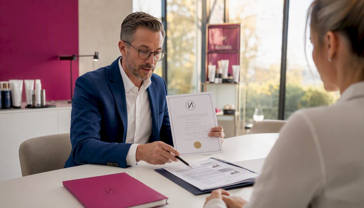 NiSV-Verordnung erklärt: Was Kosmetikstudios jetzt tun müssen 3 Zwei Hände präsentieren stolz das NiSV-Fachkundezertifikat samt zugehöriger Unterlagen.