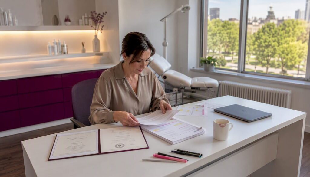 Die Salonleiterin prüft das aktuelle Hygienezertifikat.