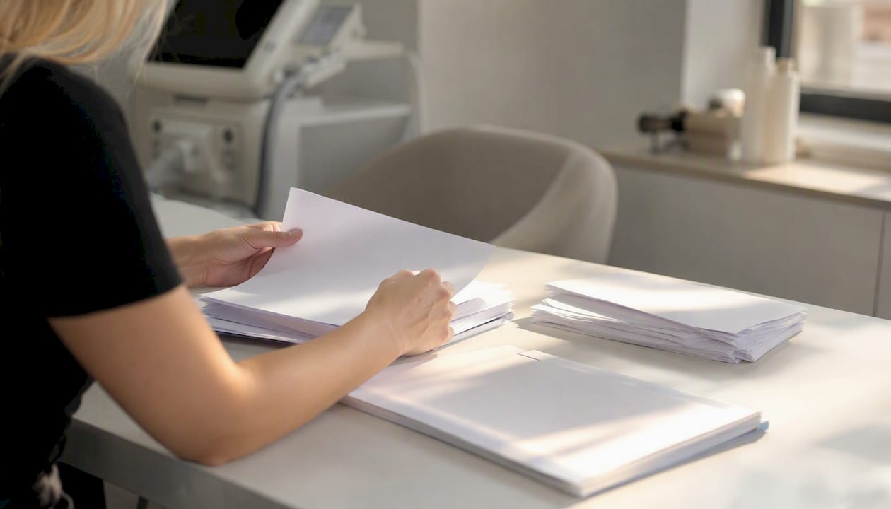 Im Kosmetikstudio werden Schulungsunterlagen direkt neben einem Gerät von Hand sortiert.