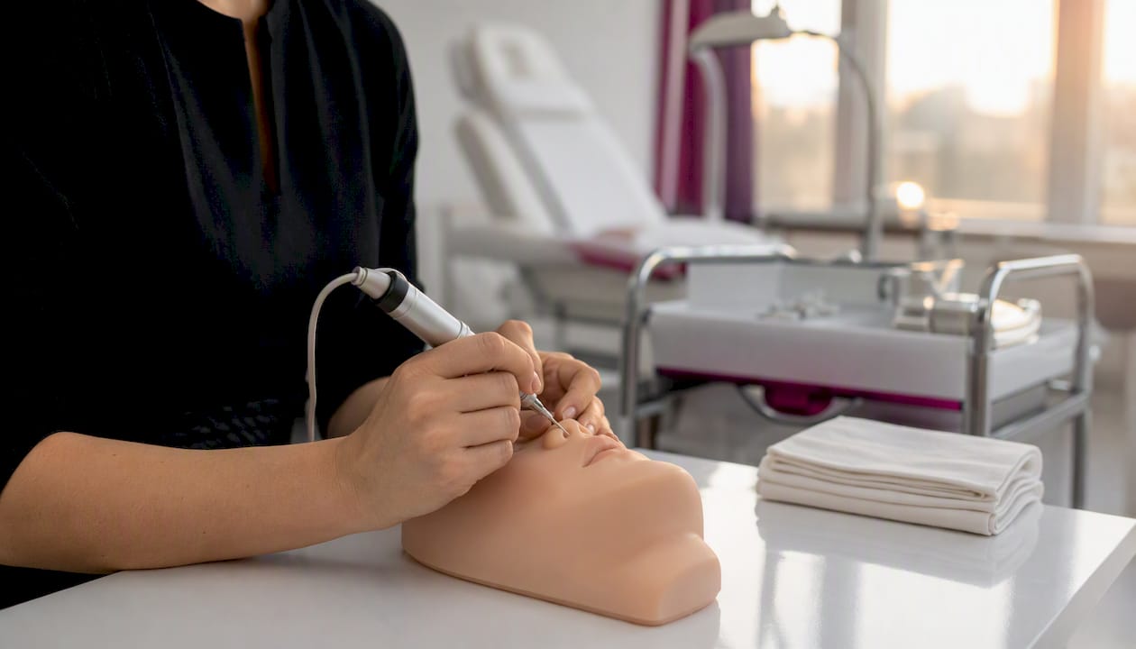 Hände führen eine kosmetische Behandlung an künstlicher Haut vor.