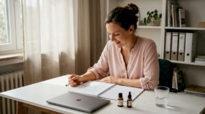 Eine Beauty-Expertin geht ihre Schulungsunterlagen durch.