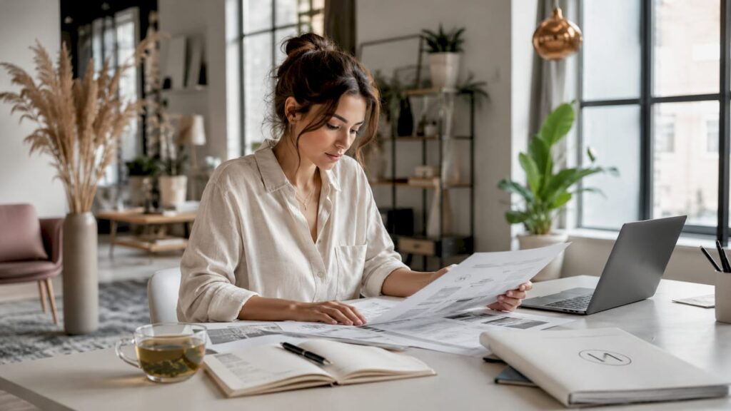 Eine Unternehmerin aus der Beauty-Branche prüft neue Geschäftskonzepte für ihr Start-up.