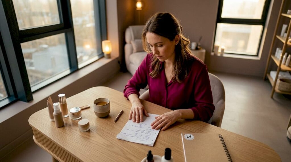 Eine Kosmetikerin wirft einen Blick auf die aktuellen Umsatzzahlen ihres Studios.