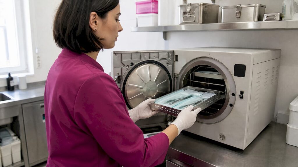 Kosmetikinstrumente im geöffneten Dampfsterilisator