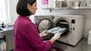 Kosmetikinstrumente im geöffneten Dampfsterilisator