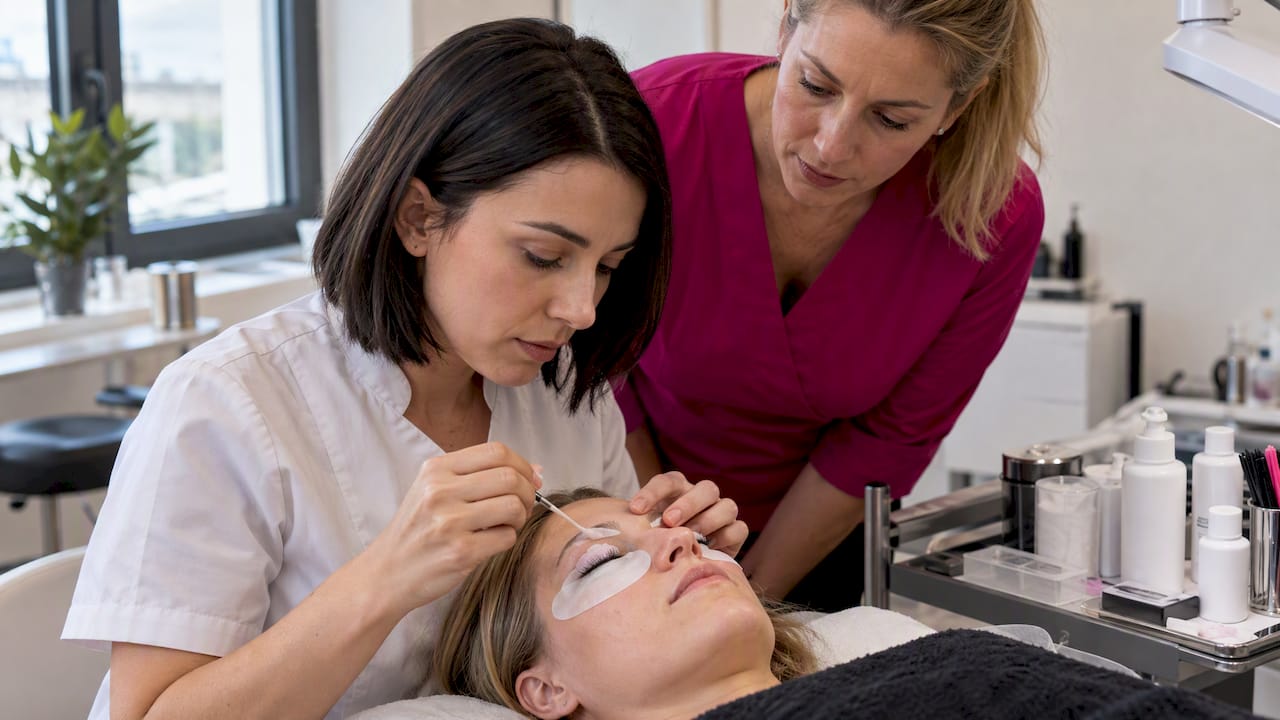 Lash-Lifting-Schülerin probiert es an einem Modell aus