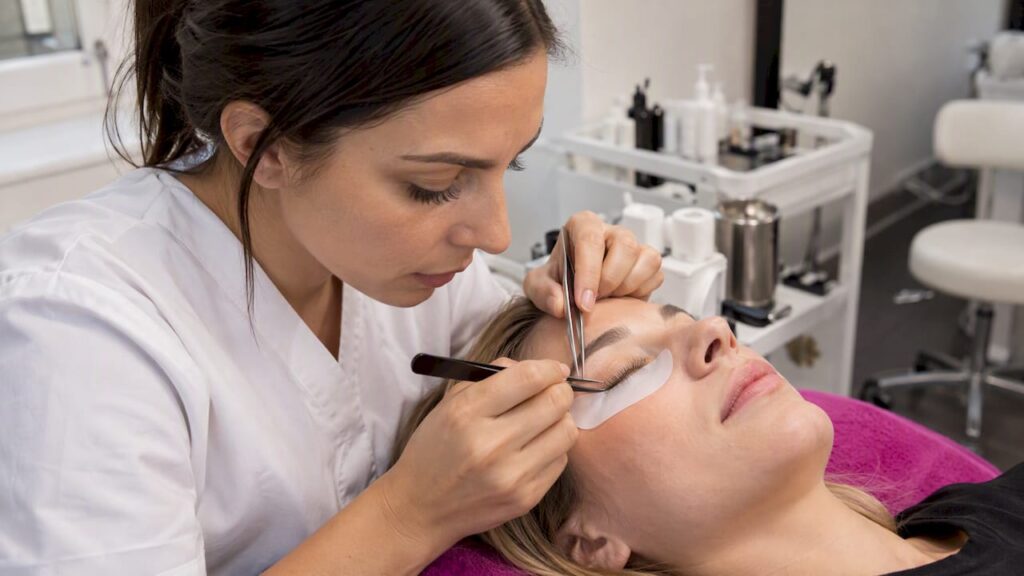 Stylist bringt individuelle Wimpernverlängerungen an