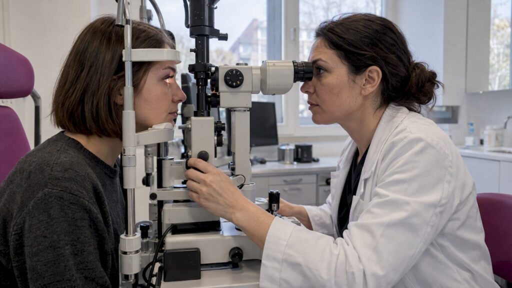 Eine Augenärztin untersucht ein Auge, das mit Extensions versehen ist