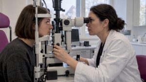 Eine Augenärztin untersucht ein Auge, das mit Extensions versehen ist