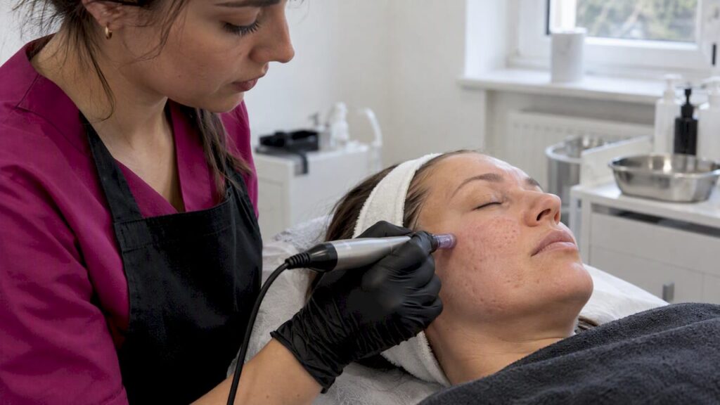 Microneedling an einer Wange mit Aknenarben